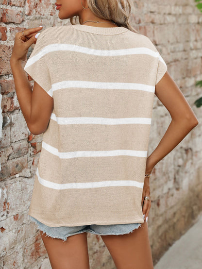 Blue White Striped Crew Neck Short Sleeve Knit Sweater Top