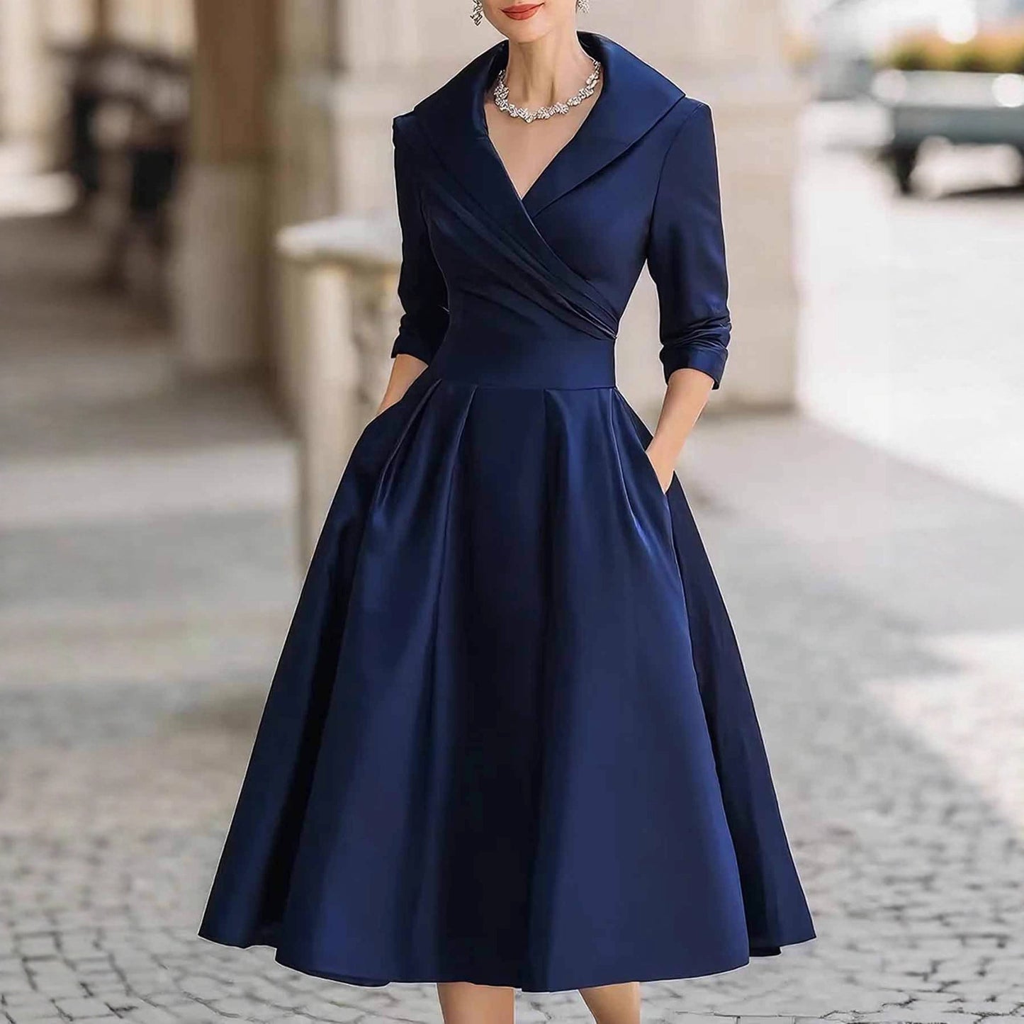 Elegant Satin Long Sleeve Belted A-Line Midi Dress Pockets