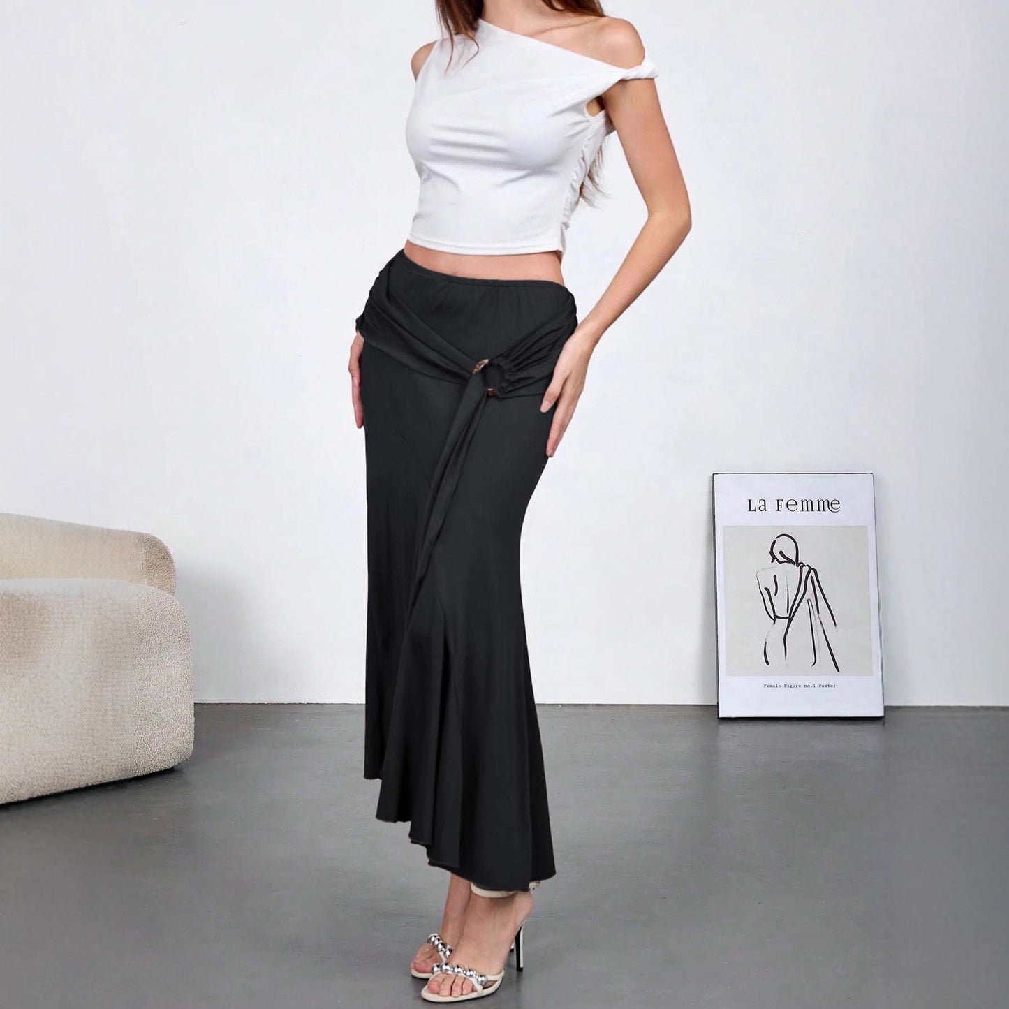 Asymmetrical High Waist Maxi Skirt with Ring Detail