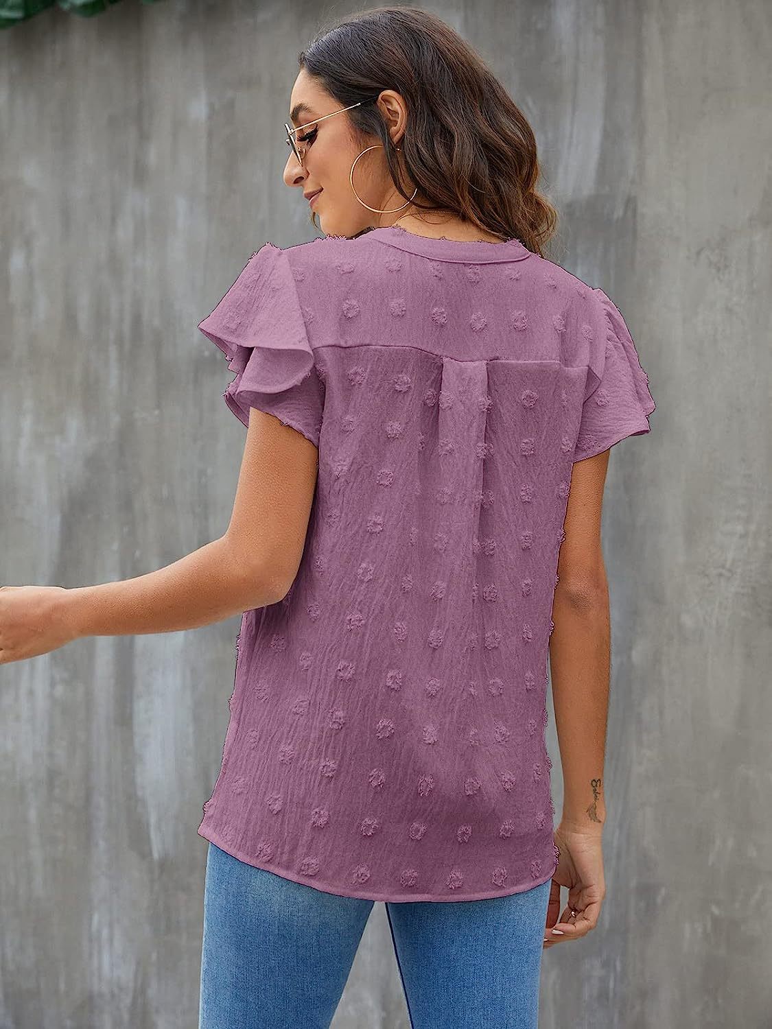 Women's V-Neck Pleated Sleeve Top with Pom Poms - Perfect for Summer