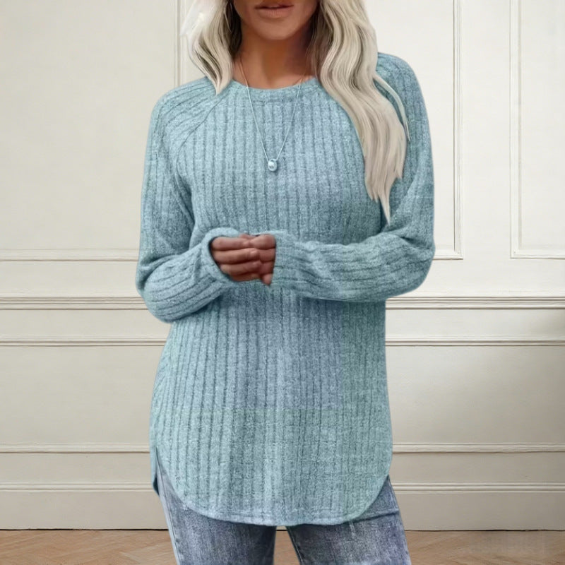 Plus Size Waffle Knit Tunic Long Sleeve Curved Hem Top