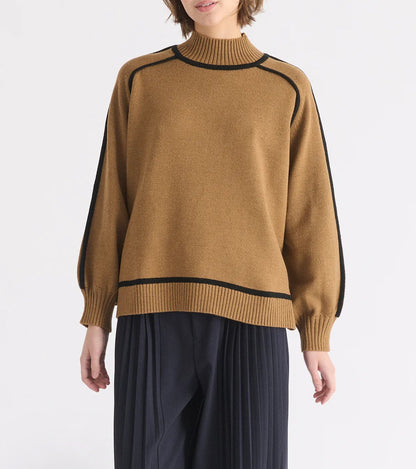 Women's Mock Neck Contrast Trim Oversized Sweater