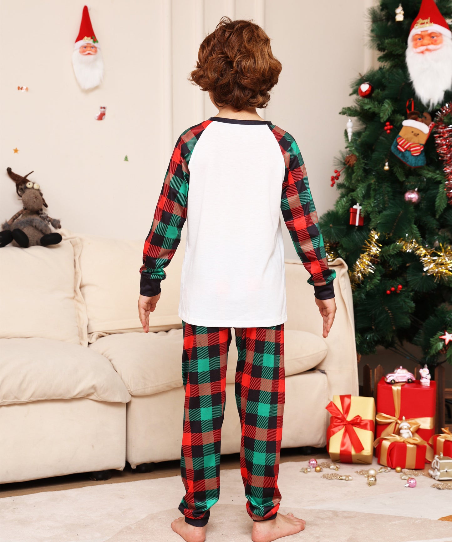 Parent-child Plaid Deer Print Crew Neck Christmas Pajama Set