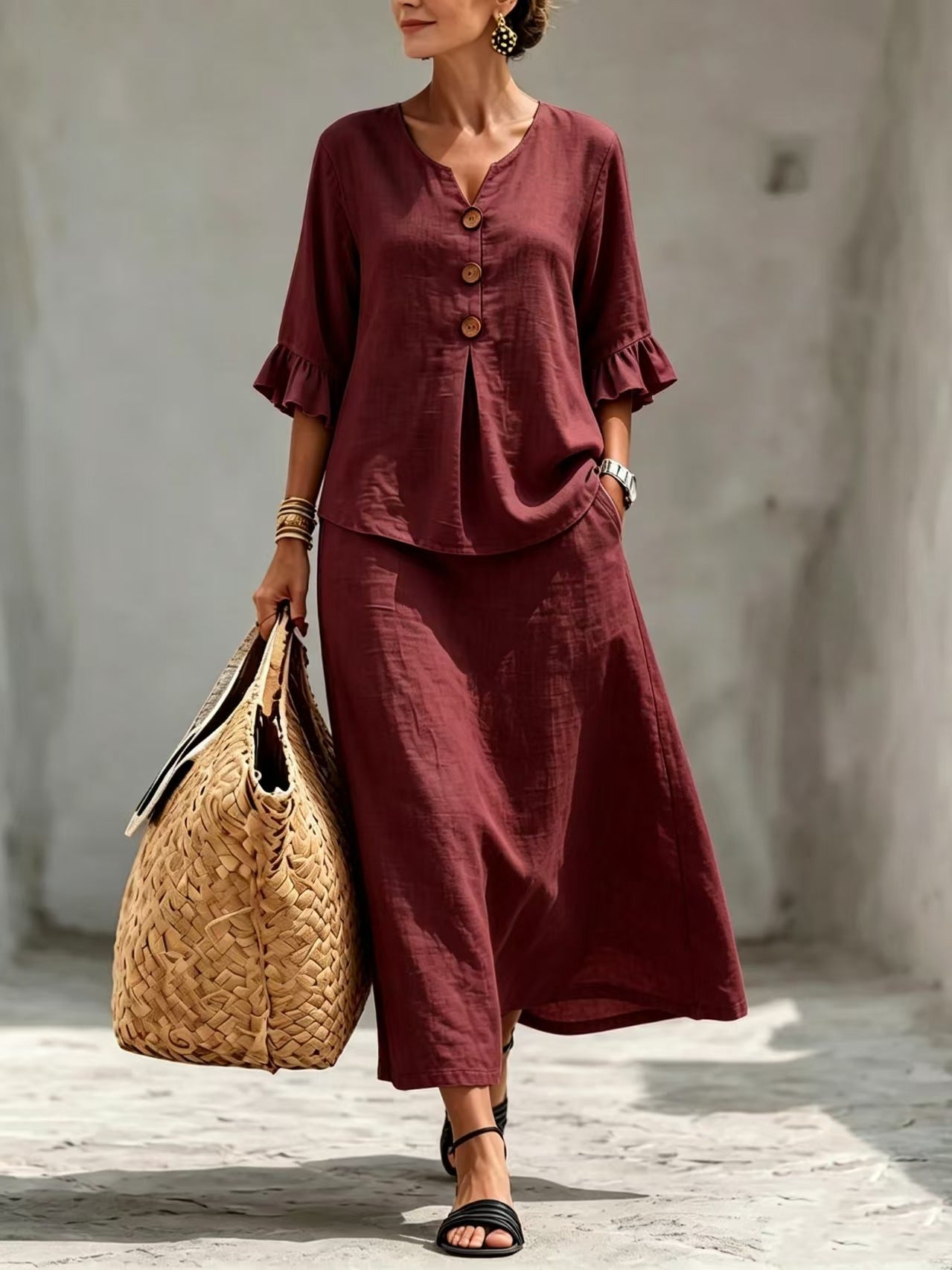 Boho Button Front Flounce Sleeve Top Midi Skirt Set