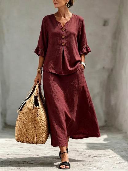 Boho Button Front Flounce Sleeve Top Midi Skirt Set
