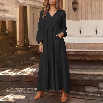 Women's Long Sleeve V-Neck Button Tiered Maxi Dress Pockets