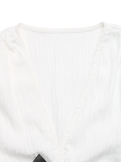 White V-Neck Bowknot Blouse Short Sleeve Elegant Casual Top