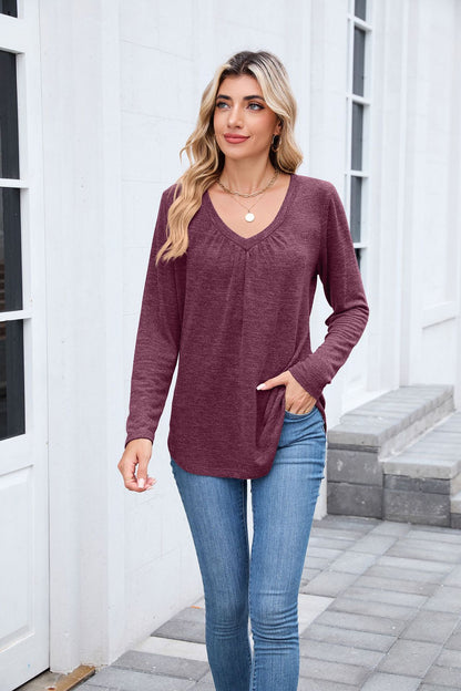 Women's Ruched V Neck Long Sleeve Loose Tunic Top