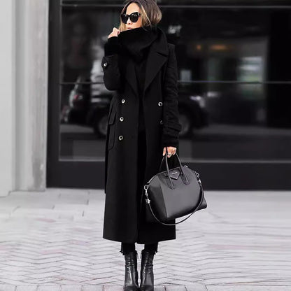 Womens Long Lapel Coat Double Breasted Winter Overcoat
