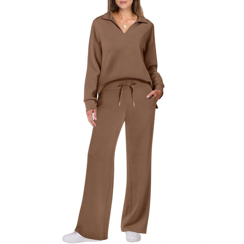 Women's 2-Piece Set Collared Top Drawstring Wide Leg Pants