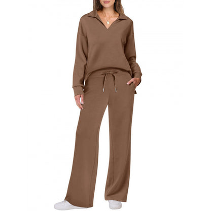 Women's 2-Piece Set Collared Top Drawstring Wide Leg Pants