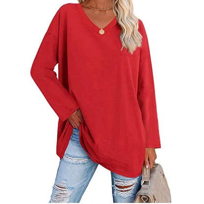 Women's Oversized V-Neck Long Sleeve Loose Fit T-Shirt