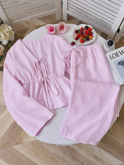 Striped Tie Front Top Wide Leg Pants Matching Set