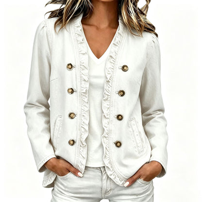Women's Ruffle Button Down Denim Jacket Long Sleeve Casual