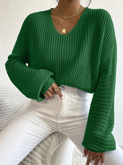 V-Neck Balloon Sleeve Oversized Knit Pullover Sweater
