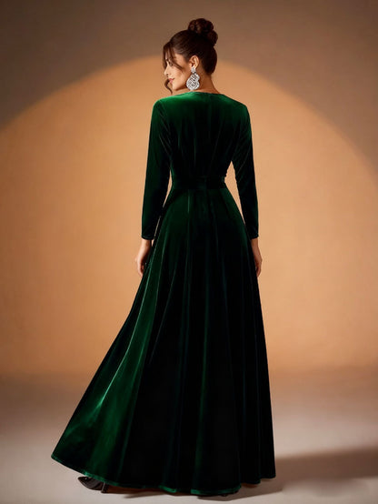 Plus Size Velvet Long Sleeve Formal Maxi Dress