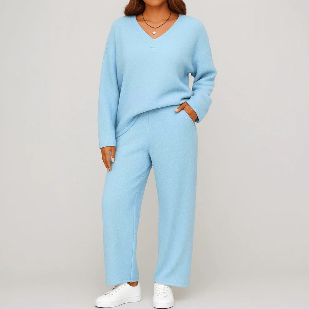 Women's V Neck Knit Two Piece Lounge Set Wide Leg Pants