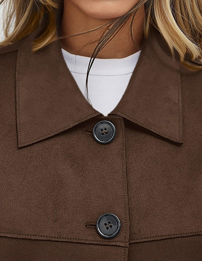 Faux Suede Cropped Button Front Jacket with Pockets