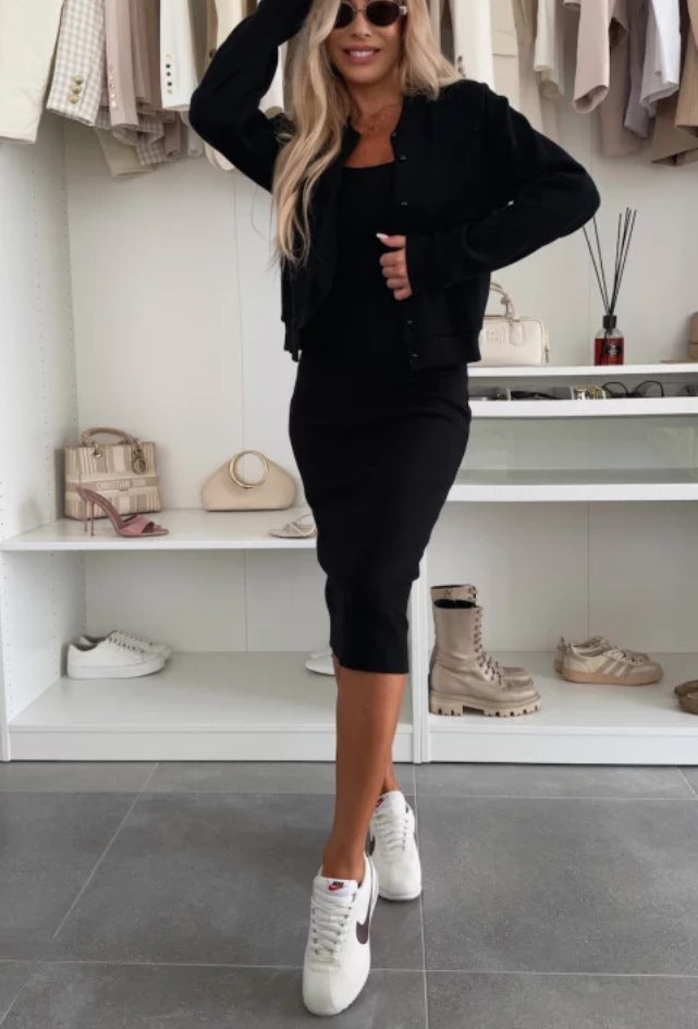 Women's Solid Two Piece Dress and Cardigan Matching Set