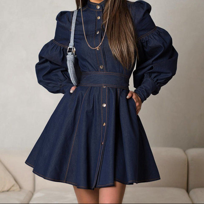 Denim Shirt Dress Women Puff Sleeve Belted