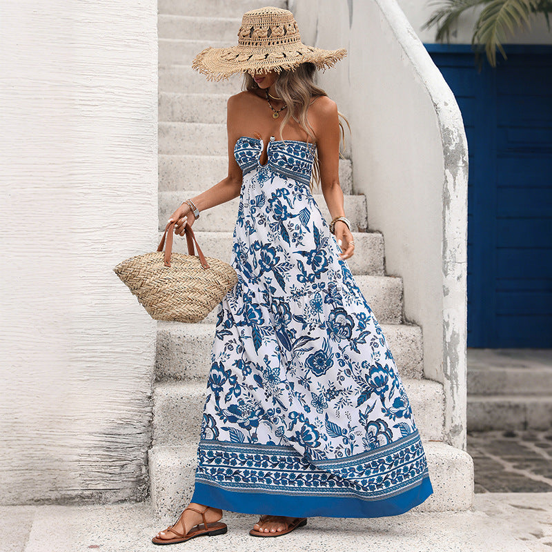 Ethnic Print Strapless Maxi Dress Summer Vacation
