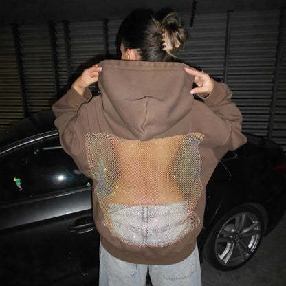 Women's Open Back Mesh Hoodie Oversized Streetwear