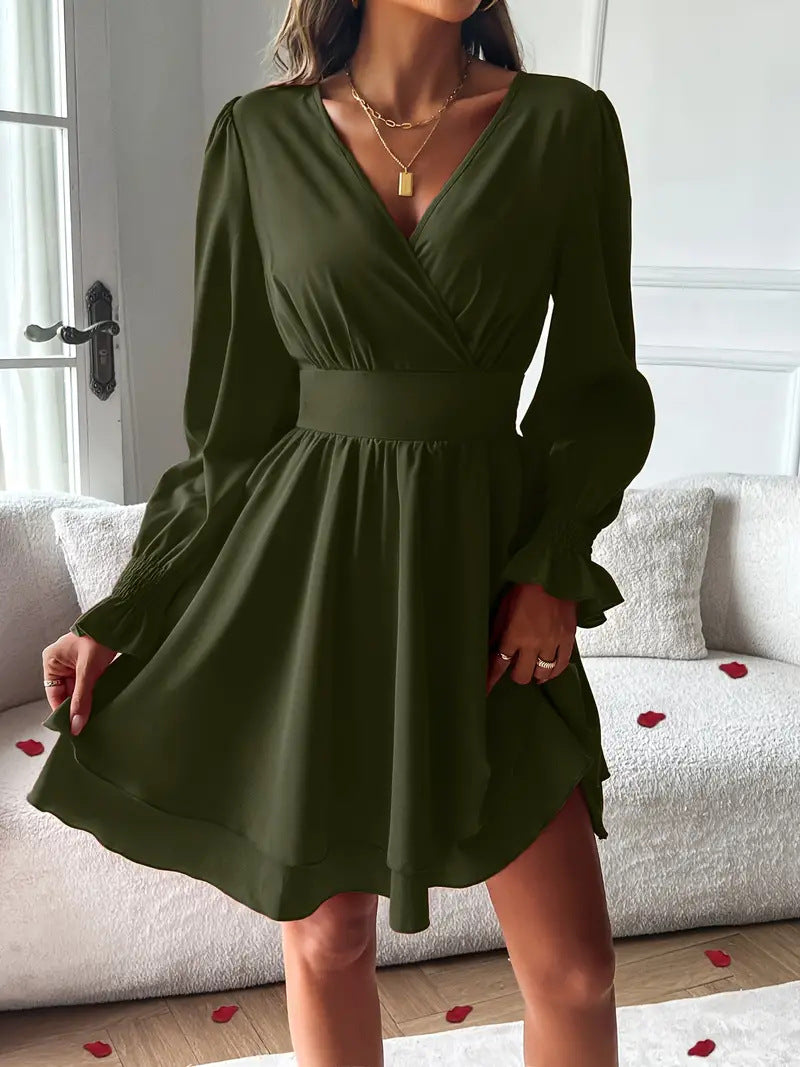 Women's V Neck Long Sleeve Layered Ruffle Mini Dress