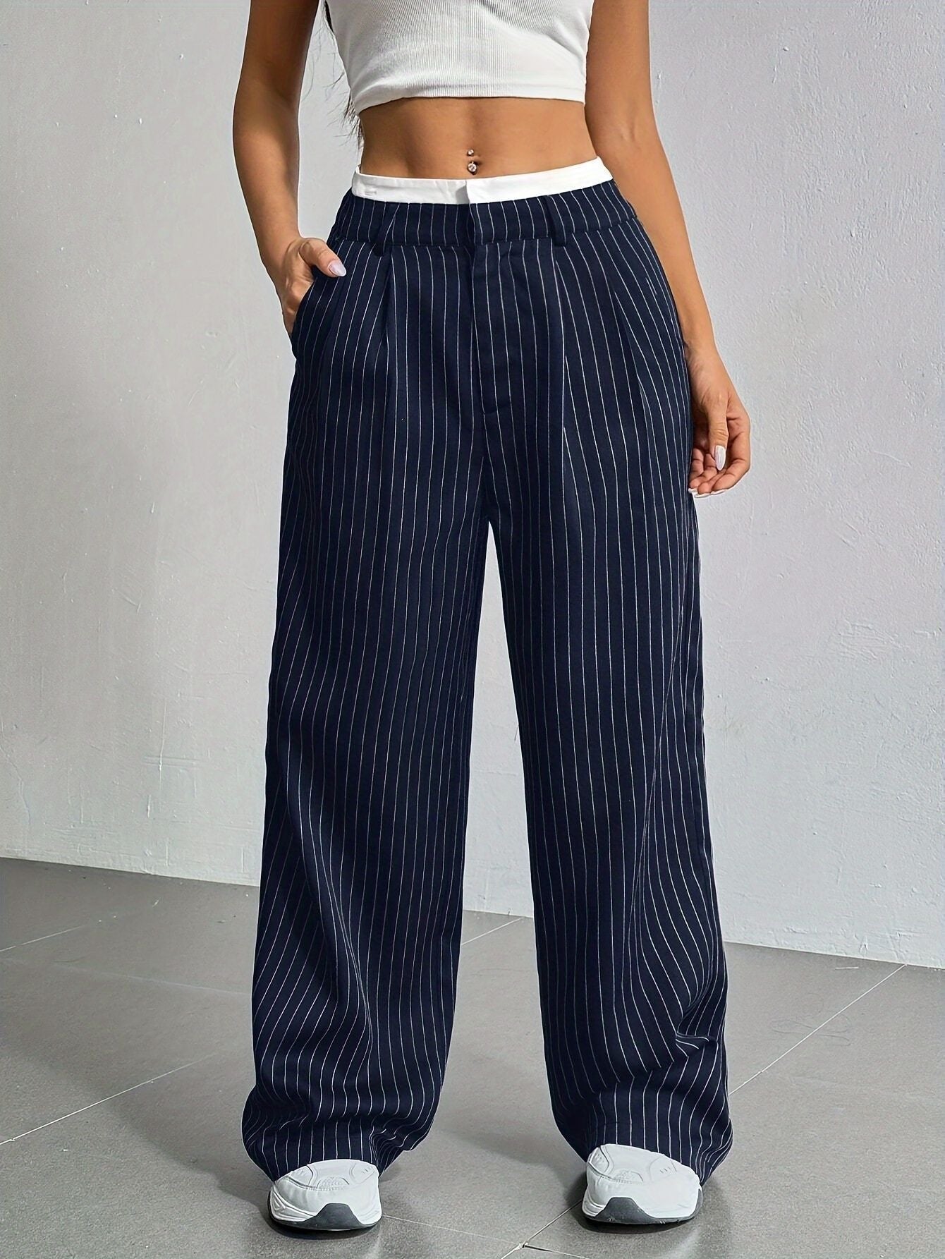 Women's High Waist Striped Wide Leg Trousers
