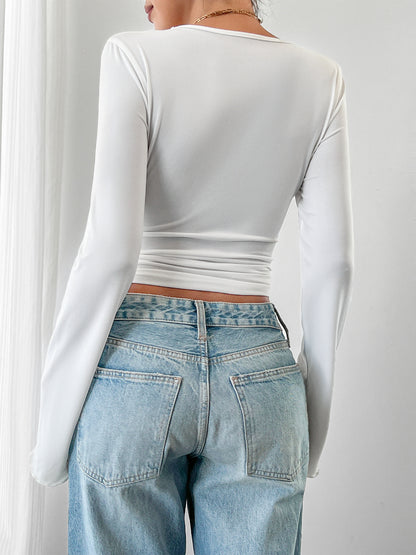 V-Neck Lace Trim Long Sleeve Sexy Slim Top for Women