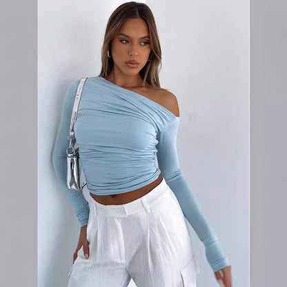 Sexy One Shoulder Ruched Long Sleeve Crop Top