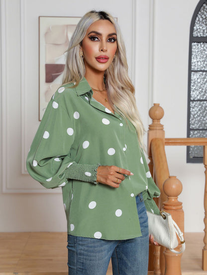 Sage Green Polka Dot Balloon Sleeve Button Down Blouse