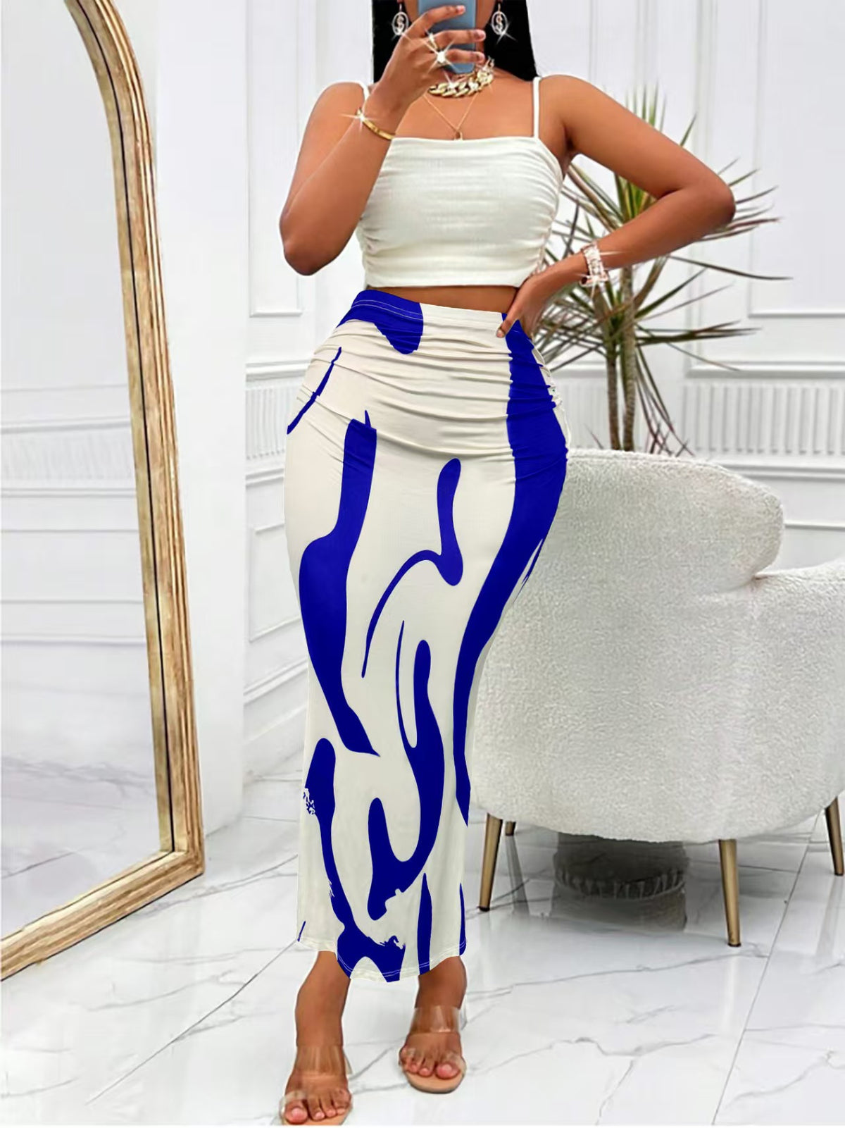 Zebra Print High Waist Ruched Bodycon Maxi Skirt