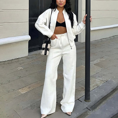 Solid Two Piece Lounge Set Zip Sweatshirt Wide Leg Pants