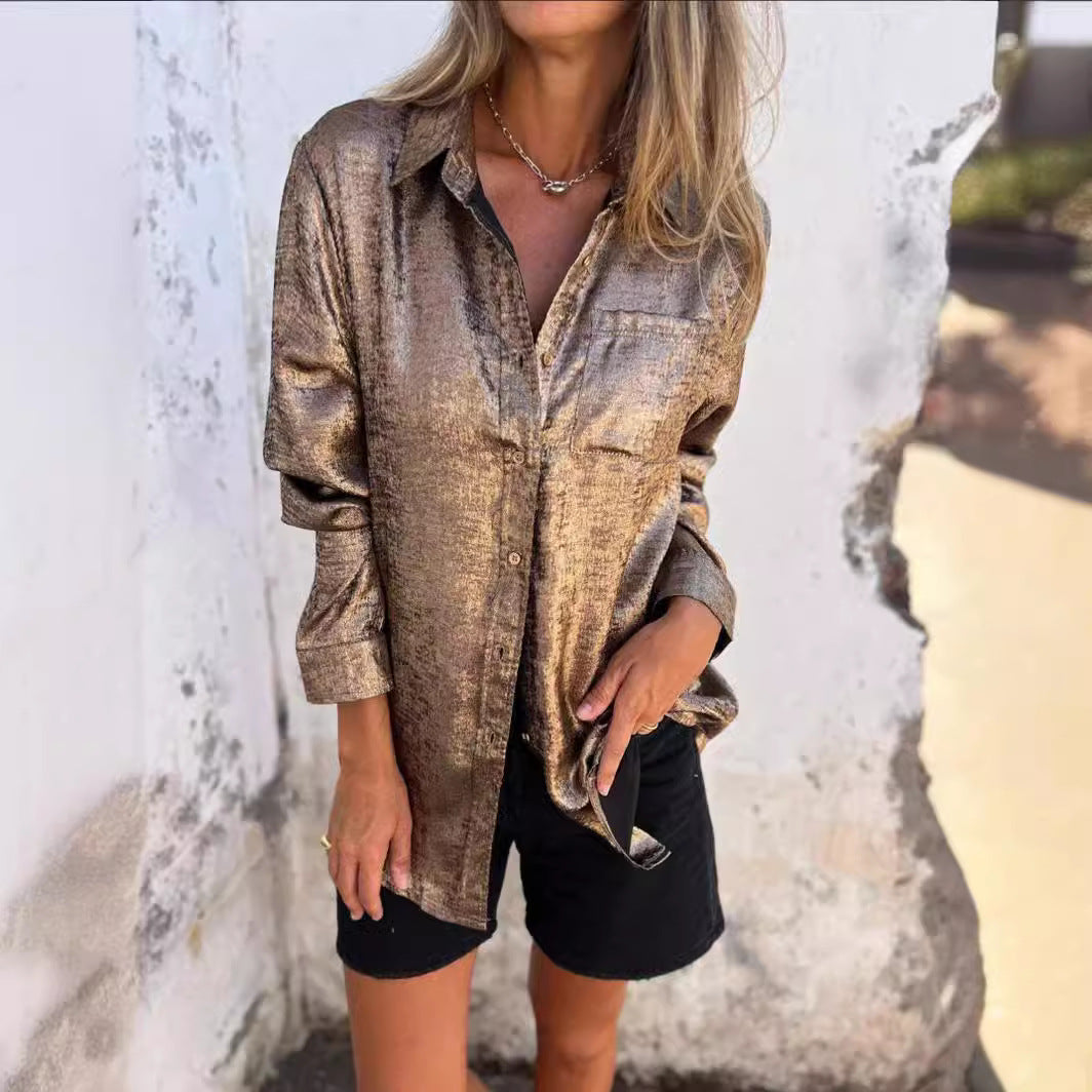 Women's Metallic Suede Button Down Shirt Long Sleeve Tunic