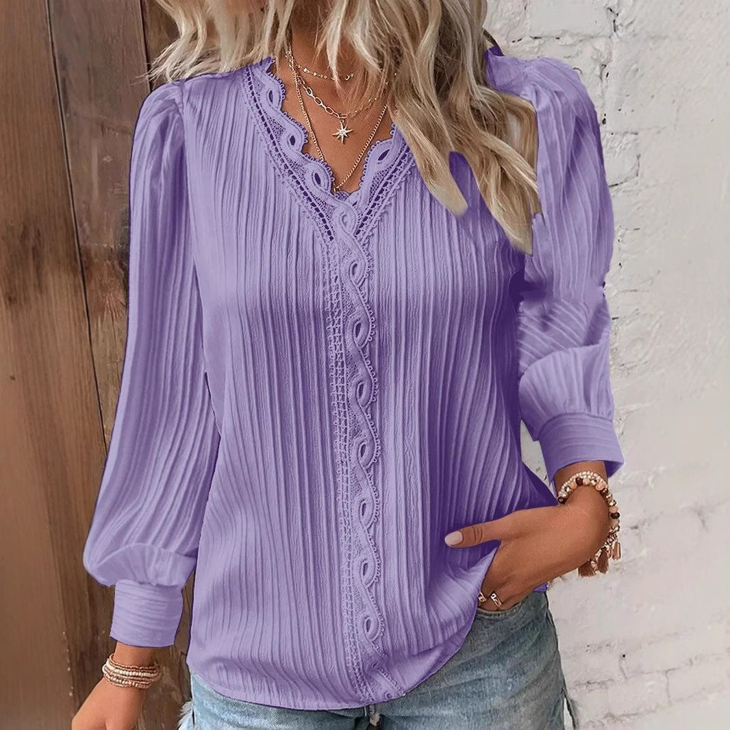 Women V Neck Eyelet Lace Puff Sleeve Blouse