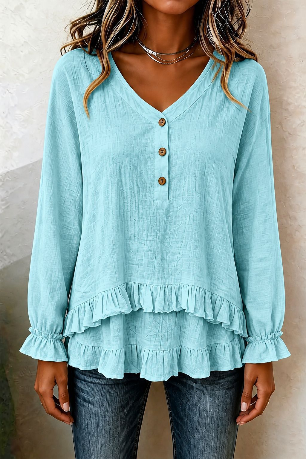 Women's V Neck Ruffle Long Sleeve Tiered Blouse