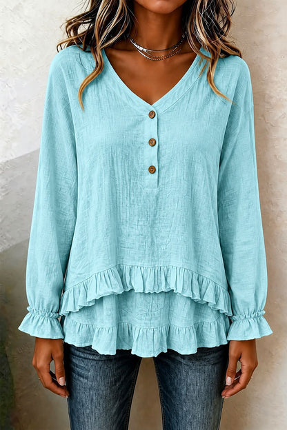 Women's V Neck Ruffle Long Sleeve Tiered Blouse