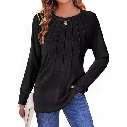 Women's Pleated Crew Neck Long Sleeve Casual Top
