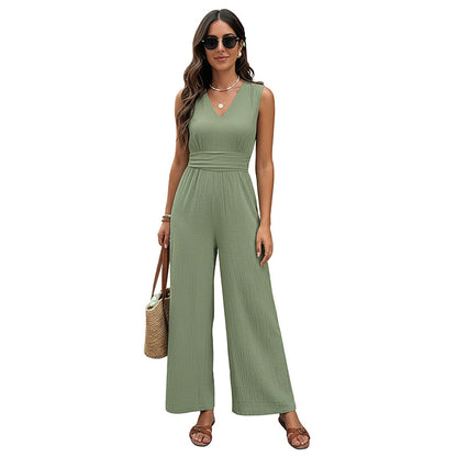 Solid V Neck Wide Leg Jumpsuit Sleeveless Casual Romper