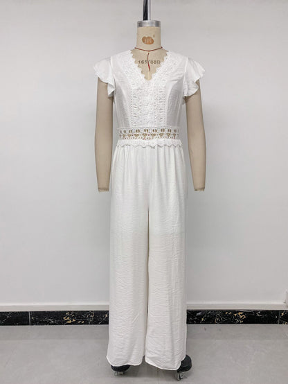 Lace Flutter Sleeve Wide Leg Jumpsuit Resort Outfit