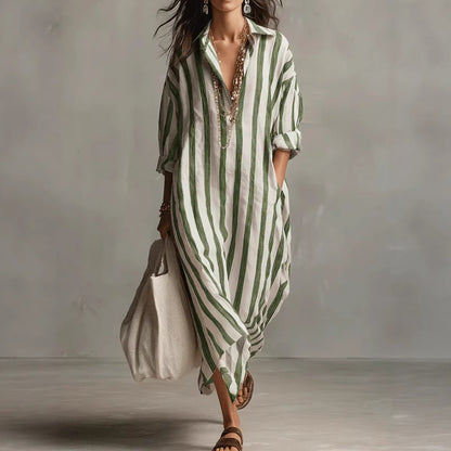 Oversized Striped Maxi Shirt Dress V-Neck 3/4 Sleeve
