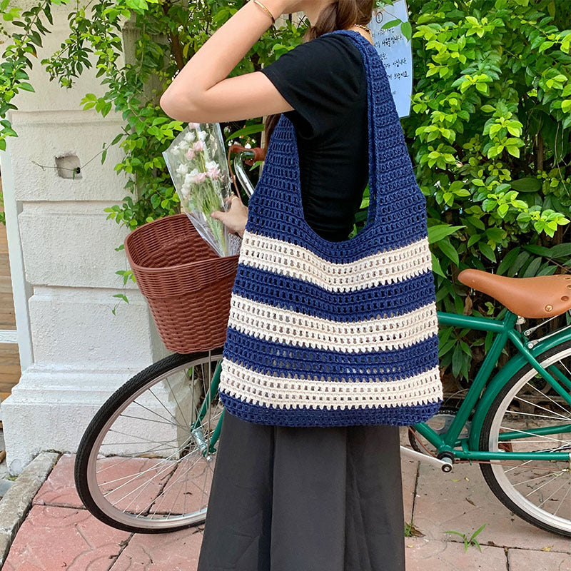 Women's Striped Knitted Bag Hollowed Out Handbag Shoulder Bag Crochet Knitting Beach Bag