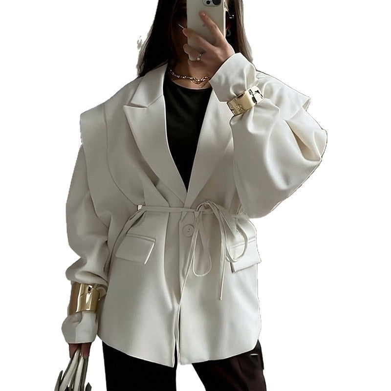 Women's Belted Blazer V-Neck Loose Casual Jacket Coat