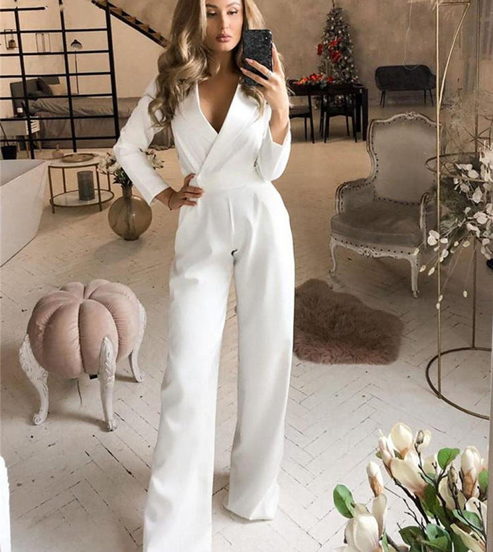 Women's Long Sleeve Blazer Jumpsuit Wide Leg Workwear