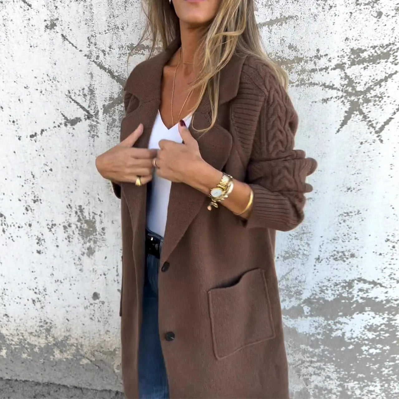 Women's Oversized Cable Knit Lapel Long Coatigan