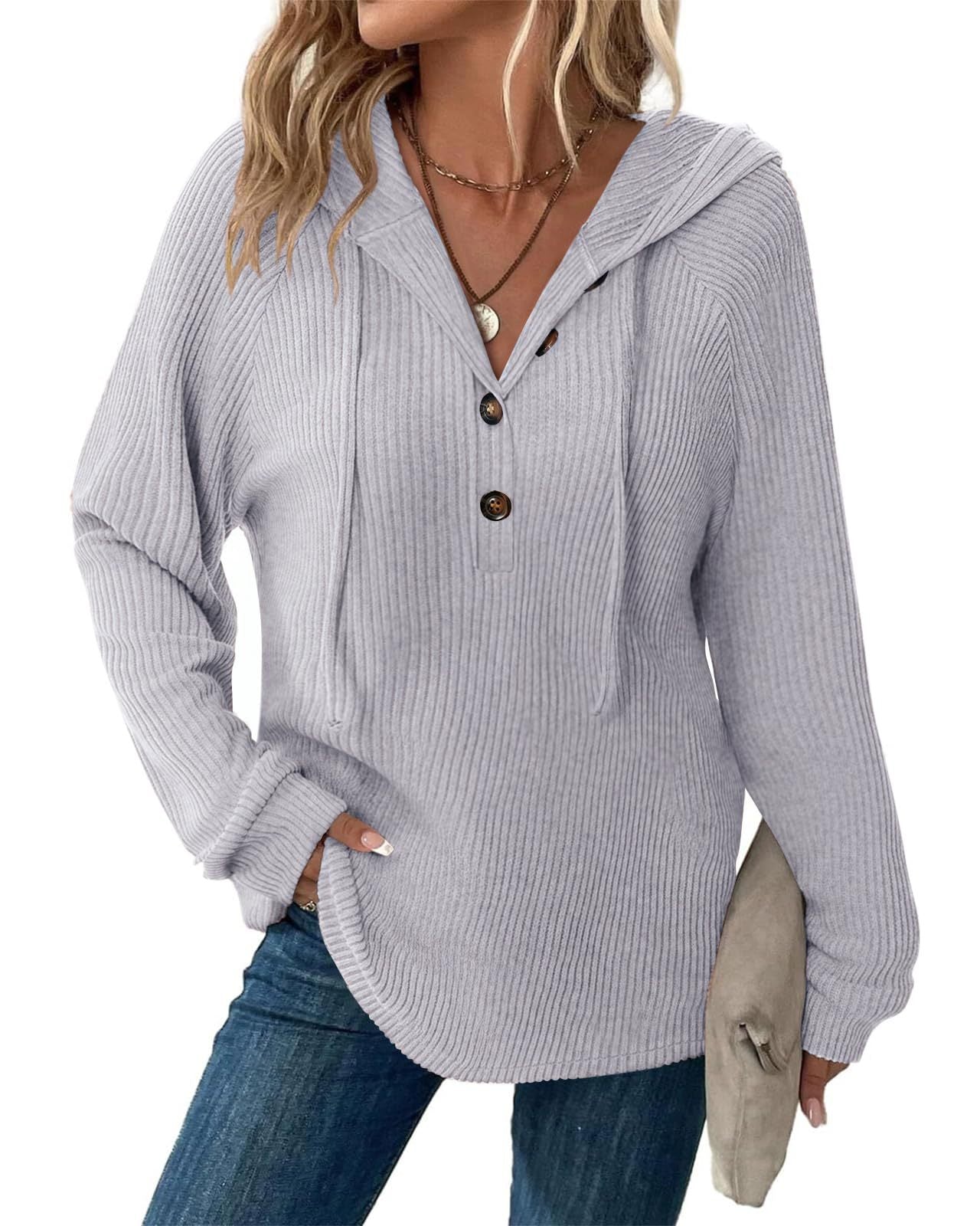 Women’s Knit Hooded Pullover Button V Neck Sweater