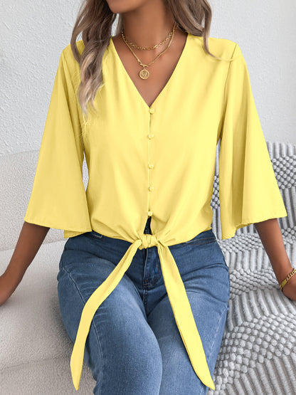 Women's V Neck Button Down Tie Front 3/4 Sleeve Blouse