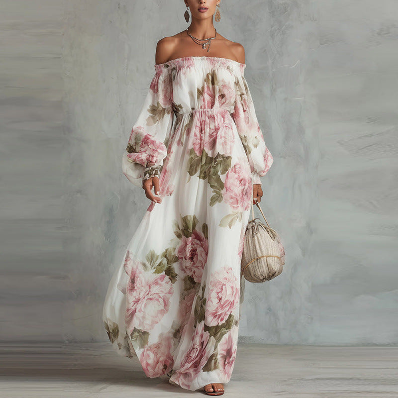 Off Shoulder Balloon Sleeve Floral Maxi Dress
