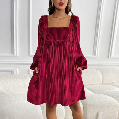 Velvet Babydoll Mini Dress Square Neck Holiday Party Dress
