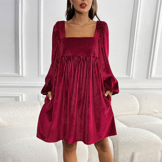 Velvet Babydoll Mini Dress Square Neck Holiday Party Dress